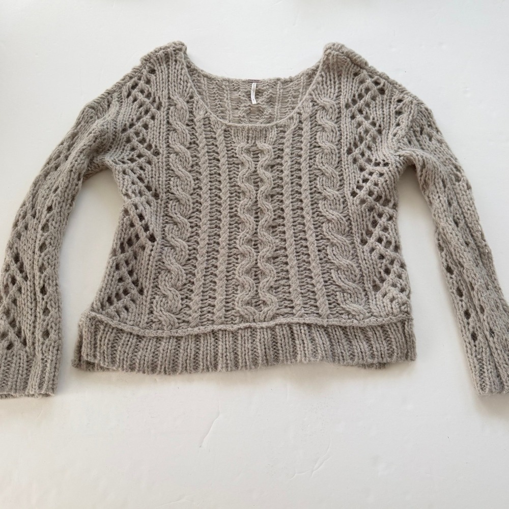 Free People Sweater Small Taupe Chunky Cable Knit Open Weave Mohair Wool Blend
